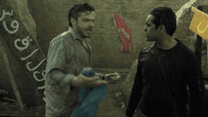 Jack Jones (Barton Bund) begs Tariq (Owais Ahmed) to help him get his family out of an earthquake rattled Cairo before it snows