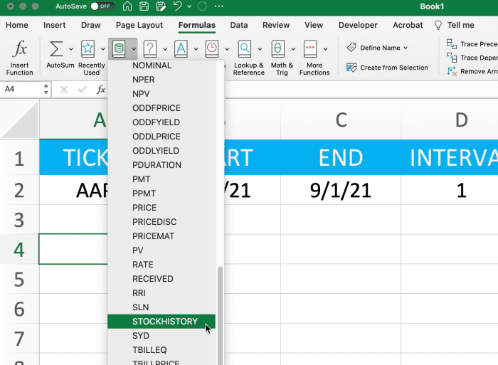 The illustration shows how to navigate through the Excel ribbon to insert the STOCKHISTORY function.