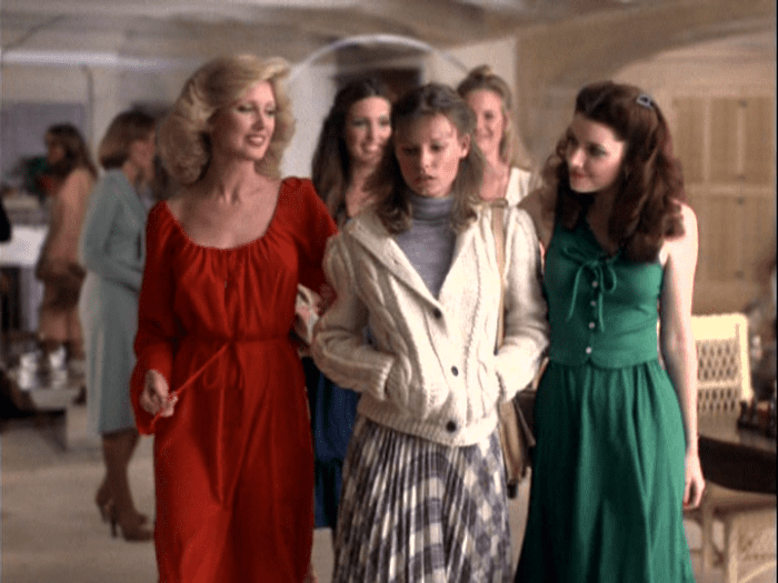 Making a mortal enemy, Jennifer Lawrence (Morgan Fairchild) ignores Sarah (Kay Lenz) while sister Patty (Morgan Brittany) climbs her way to the top of sorority society