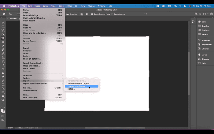 An image can be added to Photoshop with the steps shown in the image above. The path File → Import → Images from Device will take you directly to your computer, connected devices, or cloud programs to select an image to upload.