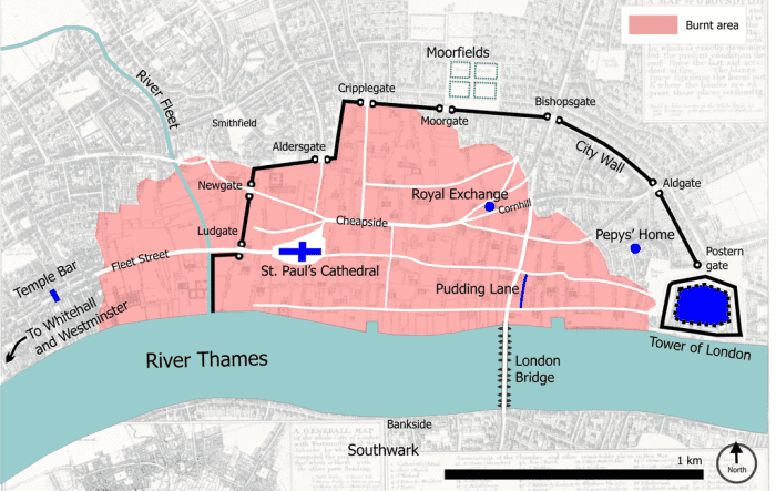 The extent of the Great Fire of London's damage between 2nd-5th September 1666.