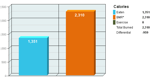 This chart is an actual one from my account at Sparkpeople. The blue represents calories eaten for the day. The orange represents calories burned for the day.