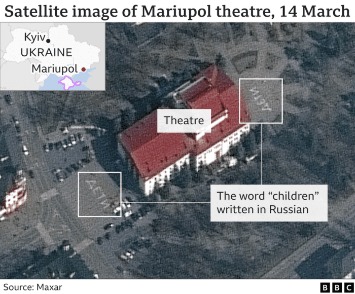 A theatre marked "children" in Russian. Over 300 children died in this theatre in Mariupol struck by precision weapons.
