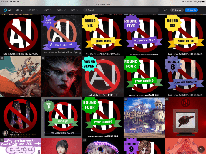 ArtStation's "Trending" page shows the attitude of aspiring and professional artists towards AI-generated art.