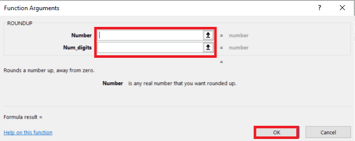 The Functional Arguments window provides fields where you can enter arguments of a function be be provide with help tips and the final results before entering the function.