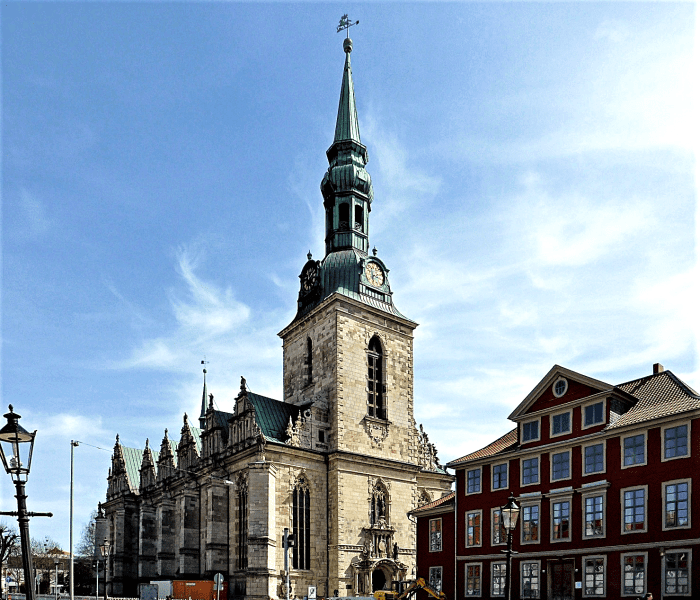 St. Mary’s Church (aka Marienkirche) in Wolfenbüttel, Germany. Michael Praetorius was entombed in a vault beneath the organ in 1621.