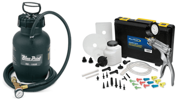 The pressure brake bleeder is the most recommended but, due to the number of adapters needed the vacuum type or the Two-Man methods are used most often.