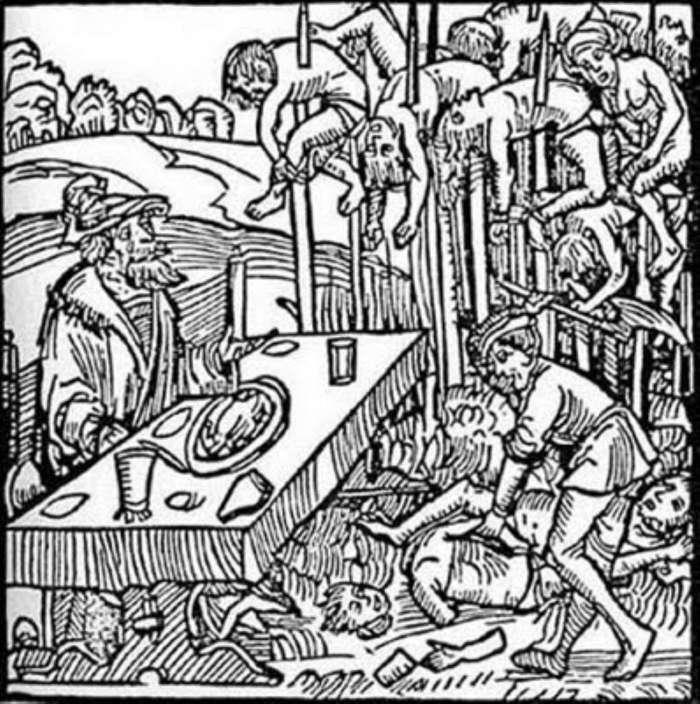 A 1499 woodcut of Vlad the Impaler dining among the impaled corpses on a battlefield.