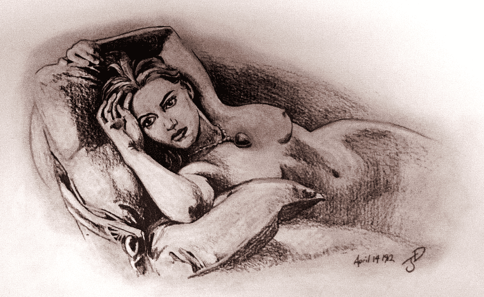 Director James Cameron's nude sketch of Rose Calvert/Kate Winslet wearing the "Heart of the Ocean" necklace.