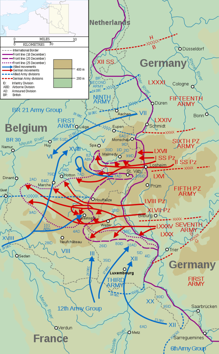 Battle of the Bulge, Meuse River at the lower left the German goal of the offensive. Skorzeny's unit was to capture vital bridges over the Meuse River.