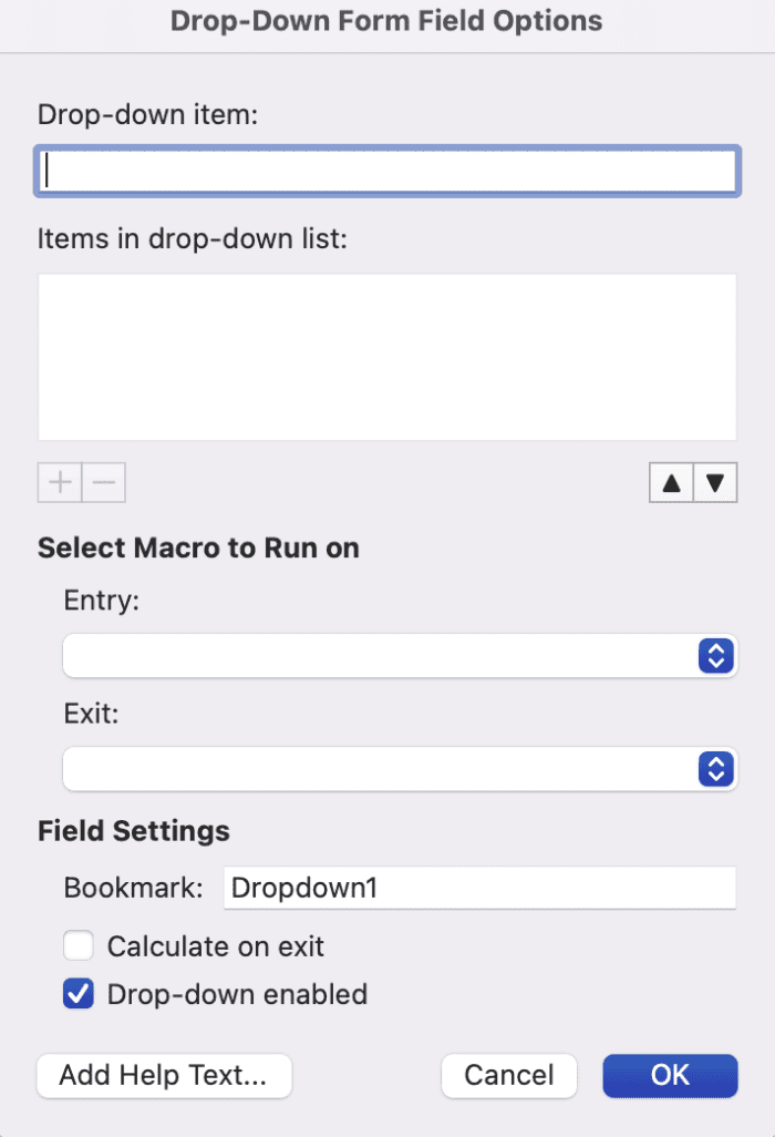 Note that there are macro options in the drop down that may be used in a combo box but not discussed in this tutorial.