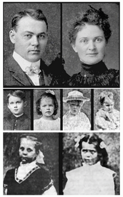 Mr. and Mrs. Moore on top, their four children in the middle and the Stillinger sisters on the bottom row.