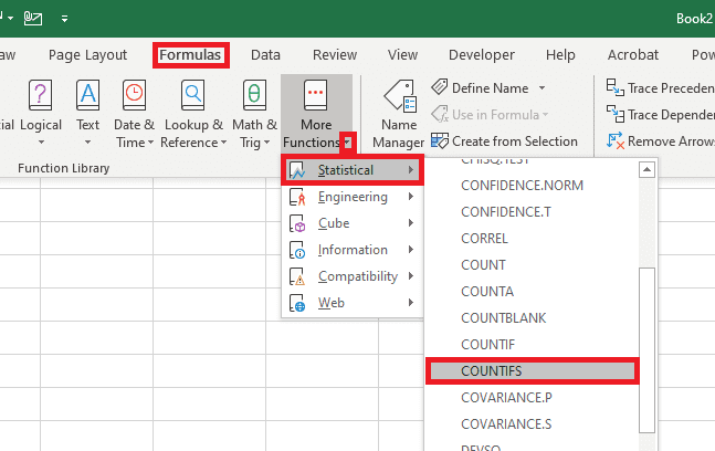 To insert the COUNTIFS function from the formula tab you must first navigate to: Formulas→More Functions→Statistical→COUNTIFS
