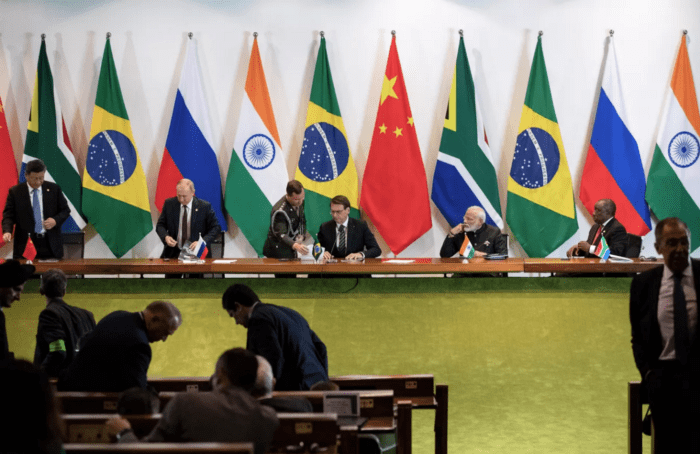 Five Leaders controlling 42% of the Global Population: On the left, President Xi Jinping of China, to his right, President Vladimir Putin of Russia, then centre, President Jair Bolsonaro of Brazil, second from the right, Prime Minister Narendra Modi