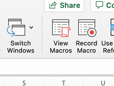 The view macros button located under the view tab is used to show existing macros, edit macros, create macros, and for deleting macros.