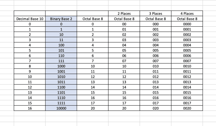 The graph shows the decimal base 10 numbers compared to binary base 2 numbers and variations of octal base 8 numbers.
