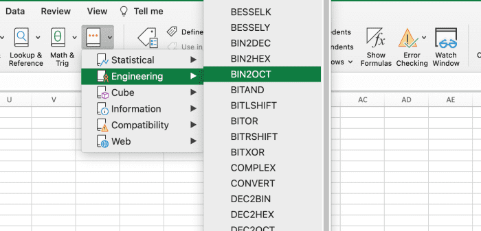 The BIN2OCT function is selected from a list of functions from a list of engineering functions.