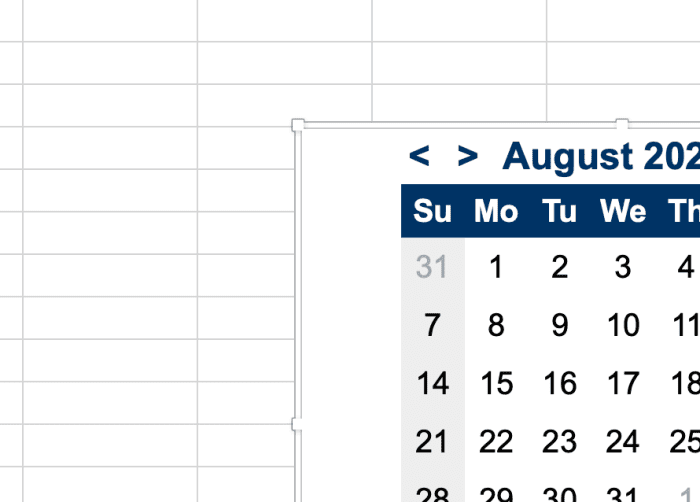 Notice the outer parameter of the calendar that was activated by clicking on this area. The calendar can be moved by dragging on this area.