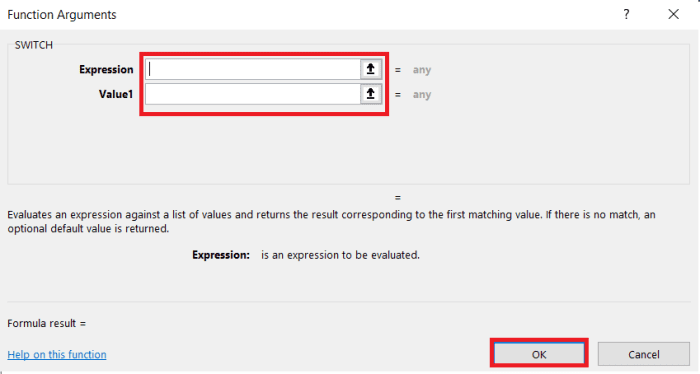 The above illustration shows the functional argument input window for the switch function.