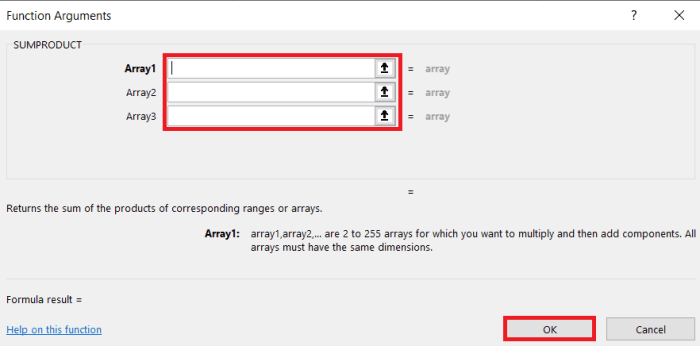In this window, the function arguments can be added to the function. After an argument field is clicked, instructions will appear and data can be entered.