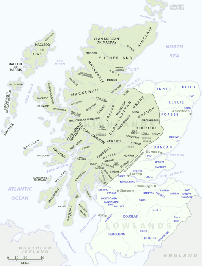 Scottish clans map including the Frazer land. Simon Frazer's mother was from Clan McLeod.