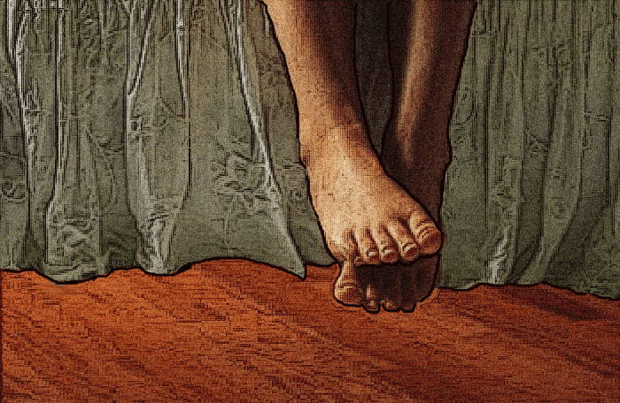 She lowered her throbbing legs down, down, down, until her feet finally touched the hardwood floor. It was icy cold. It felt good.