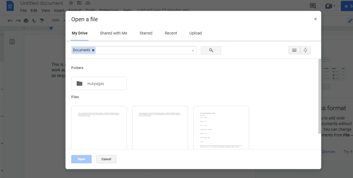 To import a file dropdown File> Open> choose the document from shared documents, Google Docs, recent, or upload from your device.