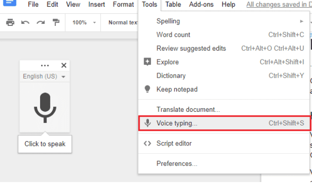 Click Tools and then Voice Typing. A microphone symbol will appear. click Tools and then Voice Typing. A microphone symbol will appear. Click it and start speaking.