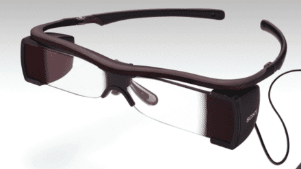 Sony's Entertainment Access Glasses, seen here in a prototype image, display captions for deaf and hard-of-hearing moviegoers.