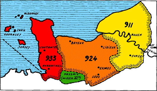 The once fledgling county of Normandy expanded rapidly throughout the 10th Century. By 1066 it spanned both seaward banks of the Seine and bordered on Brittany to the south-west