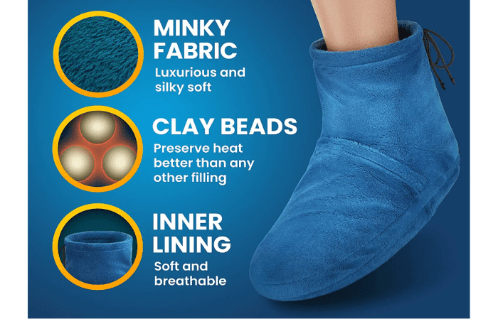 Heated microwaveable booties are a quick and easy way for elderly or disabled people to keep their feet warm.