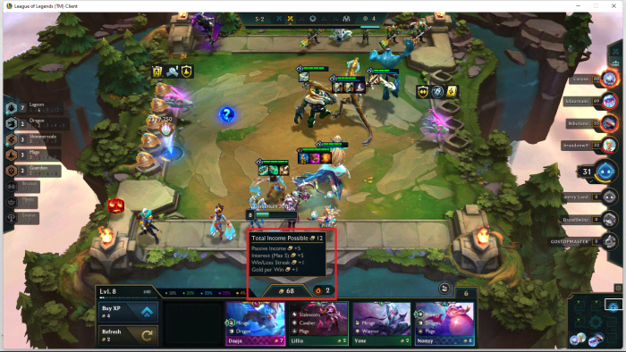 I have 68 gold, with 5 gold in interest every turn. This allows me to “invest” in stronger champions and extra levels, as explained in the third concept.