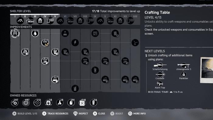 Here you can see what you can upgrade in your shelter. There are a lot of upgrades available. Some things give you passive resources for crafting.