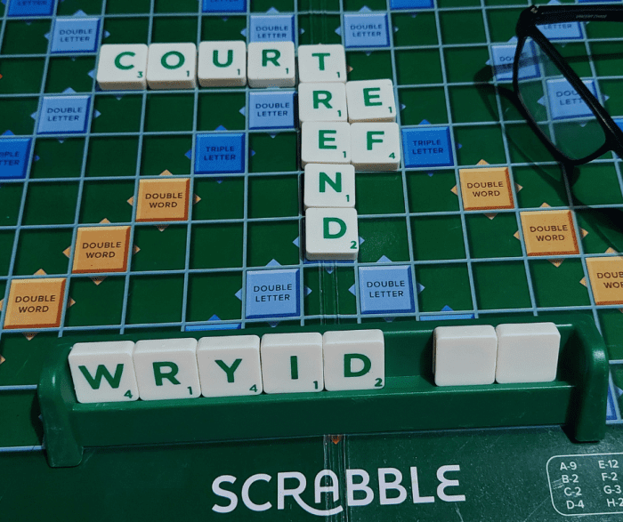 Maximizing the use of blank tiles by forming a bingo word. Here, the blank tiles will assume the letters E and L to create the word 'weirdly'; the Y is added to 'TREND" making it TRENDY. SCORE = 84