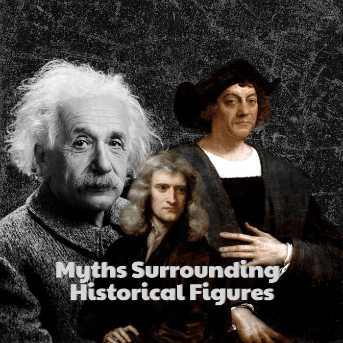 What are some myths widely told about historical figures? Read on to find out falsehoods about Albert Einstein, Isaac Newton, and Christopher Columbus pictured above.