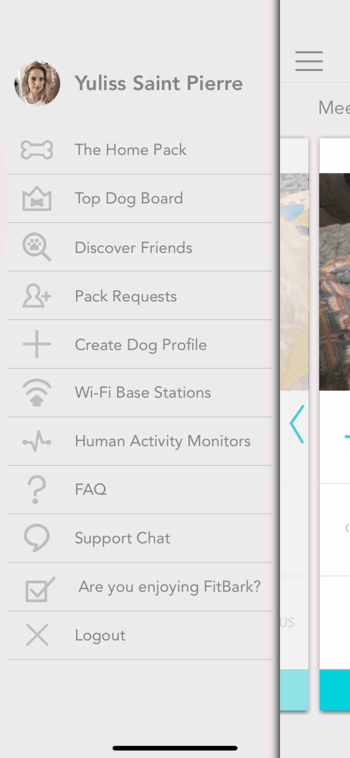FitBark menu. Main navigation of the FREE application. Here, click on “discover friends”, and browse who you would like to add to your dog’s profile.