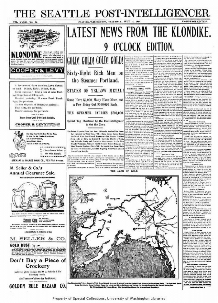 Seattle newspaper announcing the arrival of gold from Klondike, July 17, 1897