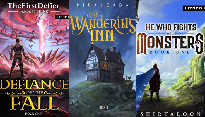 From left to right: The Defiance of the Fall by JF Brink, Wandering Inn by Pirateaba and He Who Fights Monster by Shirlatoon