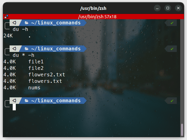 the du command outputs the total size of the current directory. (-h) the argument is used to get human-readable output.