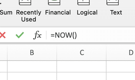 The NOW function is shown entered in the Excel formula bar above. 