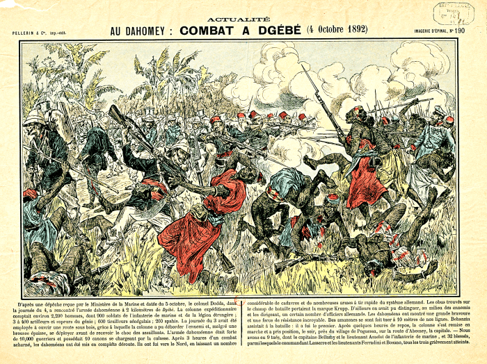 Artist's rendering of the First Franco-Dahomean War, fought in 1890 between France and Dahomey. The French emerged triumphant after winning the Battle of Abomey.