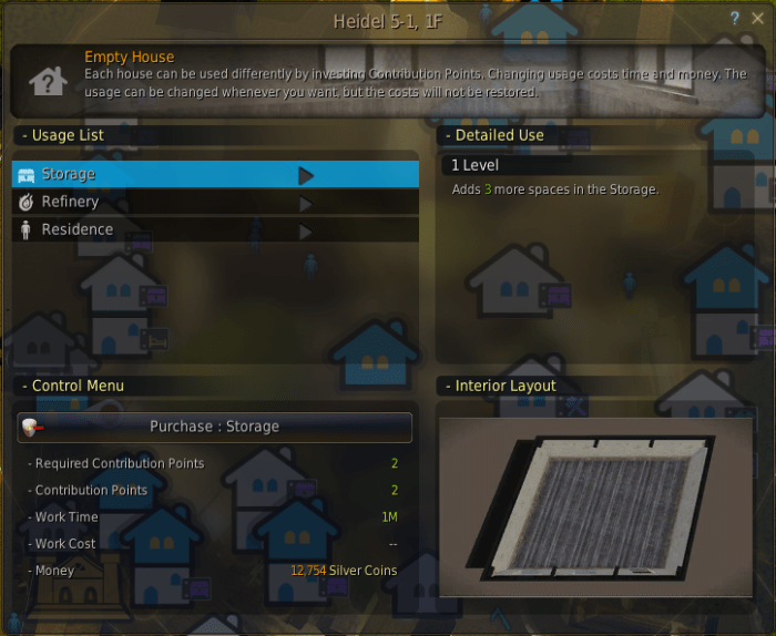 A residence in Heidel where you can set up your cooking tools. This one costs two contribution points, but you should be able to find one for a single point