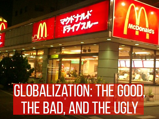 A MacDonald's restaurant in Osaka, Japan. Fast food chains and store brands are one of the more conspicuous elements of globalization.