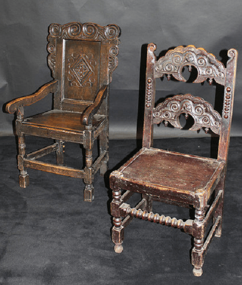 Wainscot chairs with elaborately carved wooden back. These 17th century American furniture comes with or without arm supports