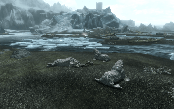 The fallen hunters whom hold the Treasure Map among the Horkers who ended them. Bleackcoast Cave and the Winterhold College can be seen in the background.
