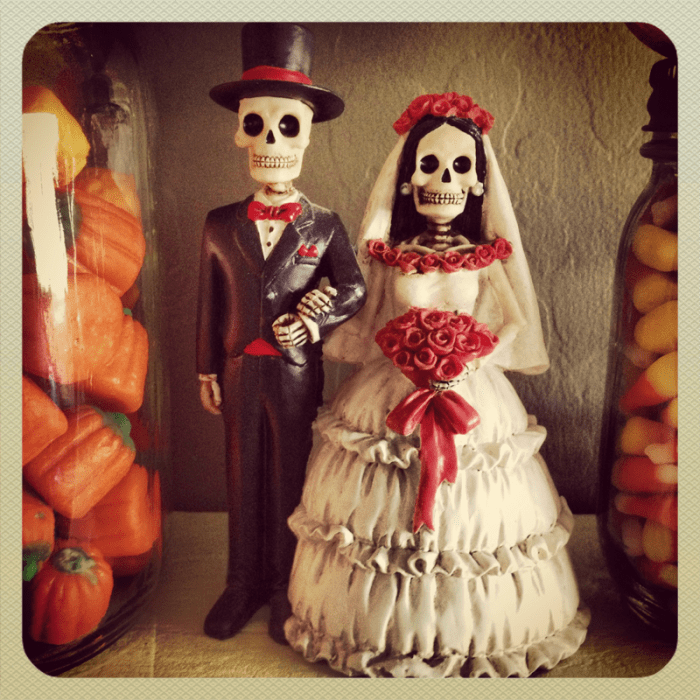 One of my favorite Day of the Dead decorations—a bride and groom figurine that was an engagement gift from my mother.