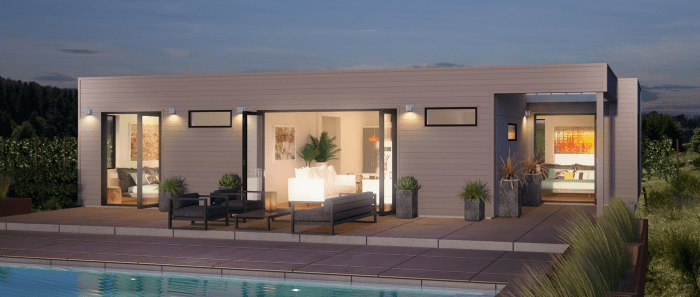 This single-level 2-bedroom, 2-bath prefab home, the Origin, starts at $330,000. Its base price, at about $330/sq.ft., places it at near the average of the range for contemporary prefab houses.