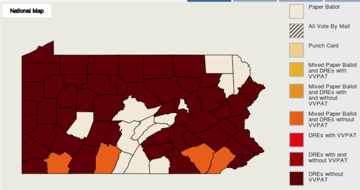 County map of PA voting systems in use. Majority dark counties are "DREs without VVPAT," or electronic touch-screens "without Voter-Verified Paper Audit Trail."