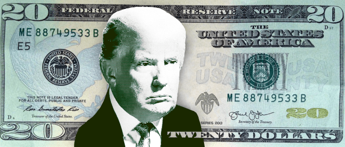 What's in your wallet? Same weird hair, same xenophobic rhetoric, slightly different scowl.