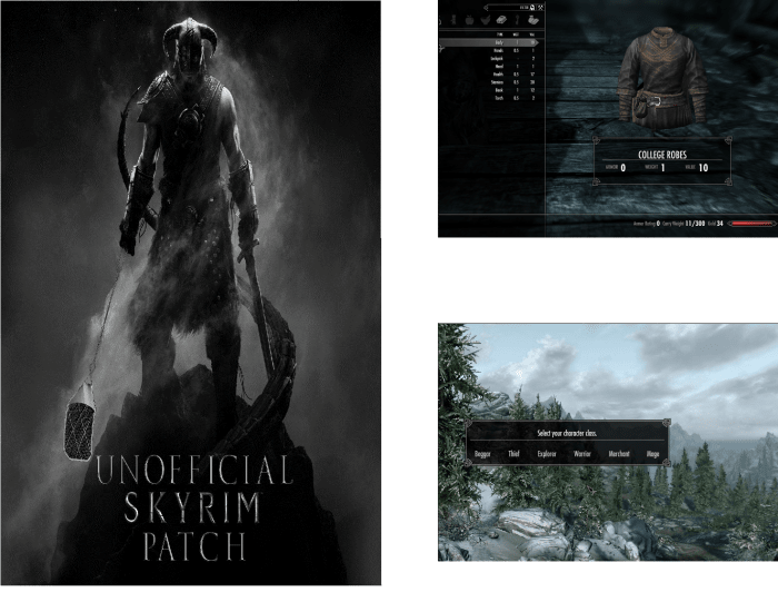 The Unofficial Skyrim Patch (left), Sky UI in game screenshot (top right) and Skyrim Unbound in game (bottom right). In game Skyrim screenshots courtesy of Zenimax and Bethesda.